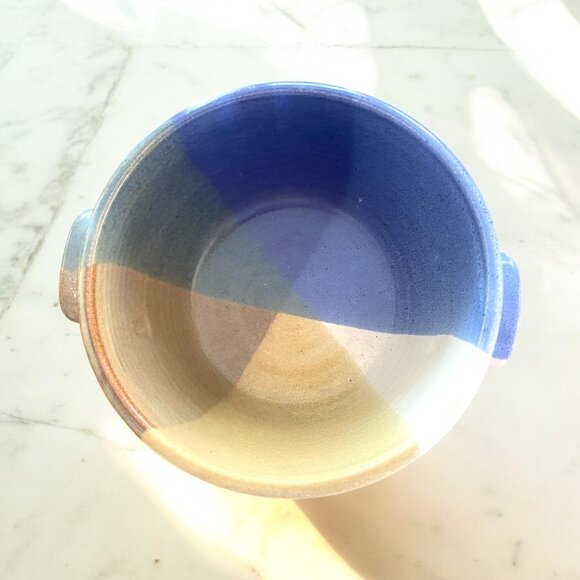 Teagues Frogtown NC Pottery Bowl Blue Tan 1995 2 Handles 6.5" W x 3" H - Picture 1 of 10